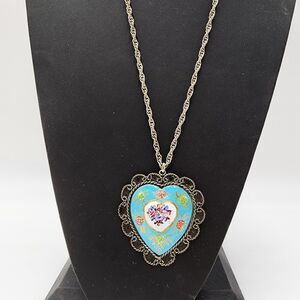 Vintage Silver Tone Blue Floral Painted Puffy Heart Pendant 30" Necklace Sweet